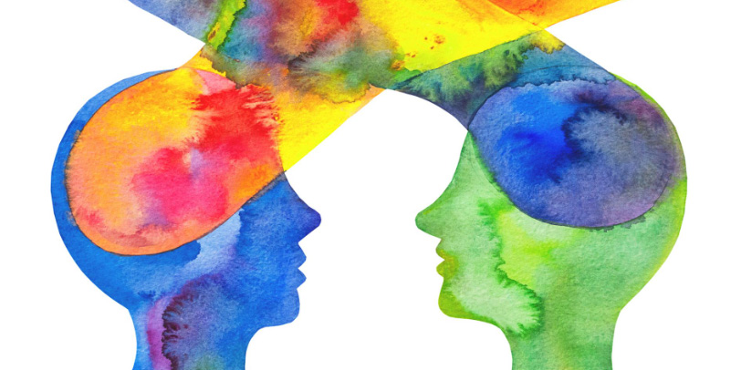 A graphic of two heads with colorful minds