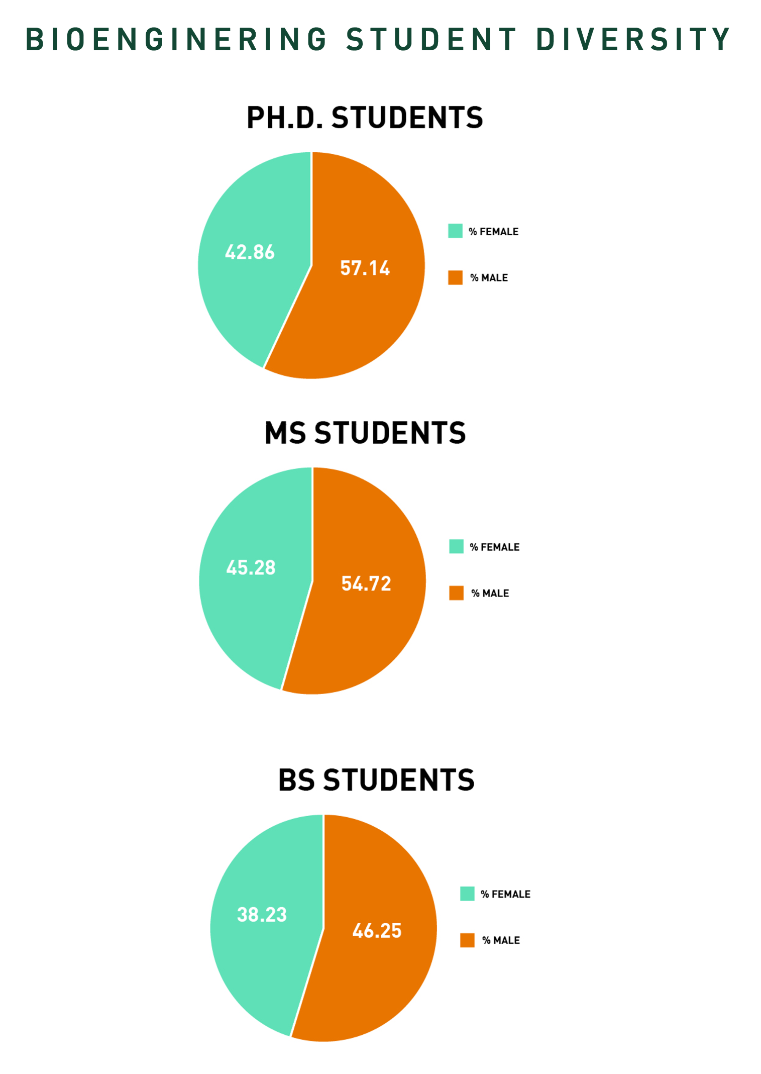 Pie graphs of gender ratio for undergraduate, master's and doctoral students